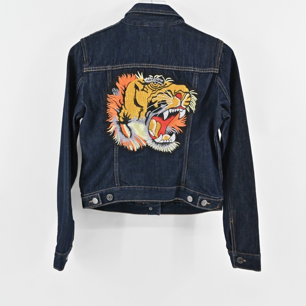 Banana Republic Embroidered Tiger Jean Jacket Womens Size XS Denim Button Patch - Picture 1 of 12